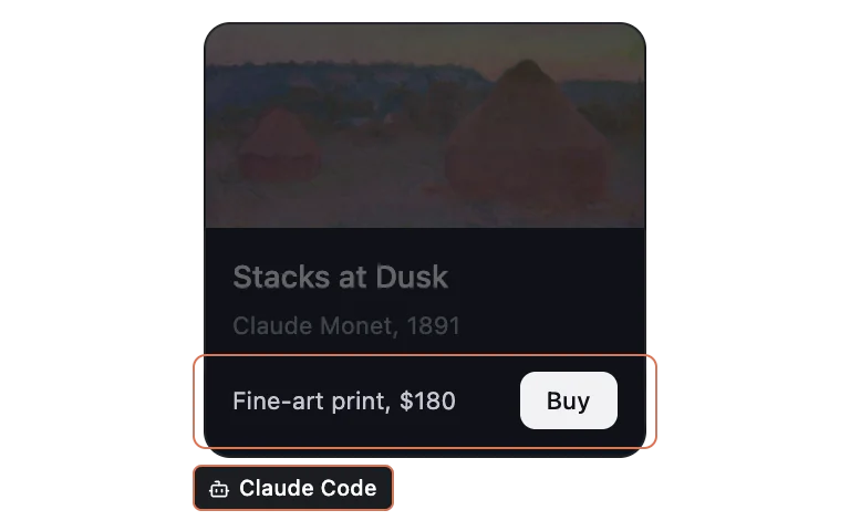 フッターだけが枠で囲まれ、Claude Code がその部分だけを作り直している作品カード。