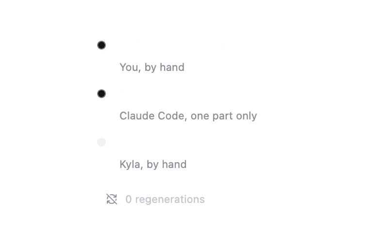 編集のタイムライン。本人、Claude Code、チームメイトがそれぞれ 1 か所ずつ編集し、再生成は 0 回。